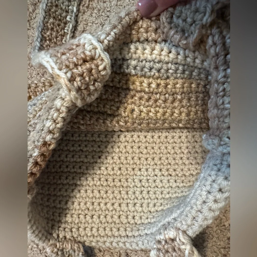 Vintage Hand Knit Crocheted Purse Mini Shoulder Strap Tote Bag Brown Tan Fall